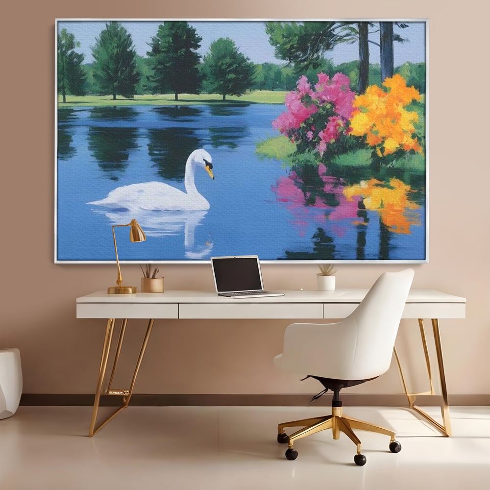 Tablou canvas cu pictura cu lebada pe lac si flori, in rama de aluminiu argintiu, pe perete intr-un birou